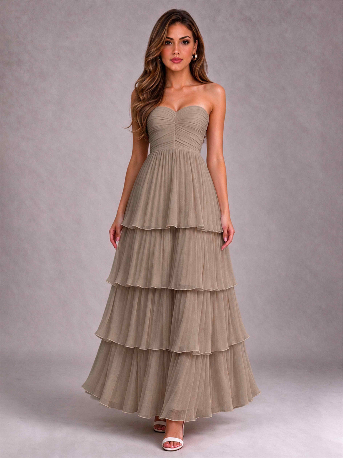 Strapless A-Line Chiffon Tiered Pleated Floor-Length Wedding Guest Dress