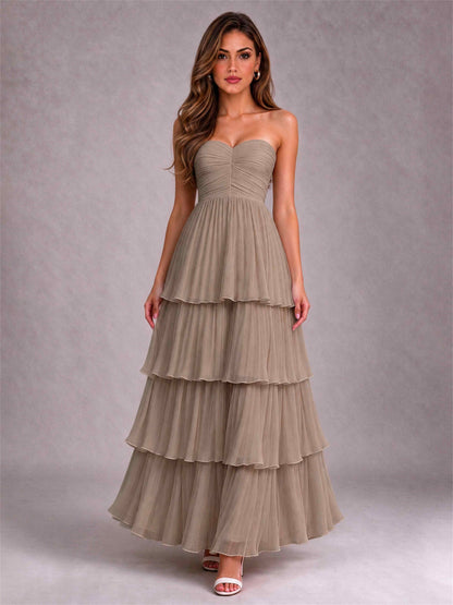 Strapless A-Line Chiffon Tiered Pleated Floor-Length Wedding Guest Dress