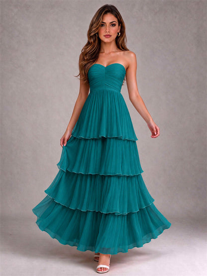 Strapless A-Line Chiffon Tiered Pleated Floor-Length Wedding Guest Dress