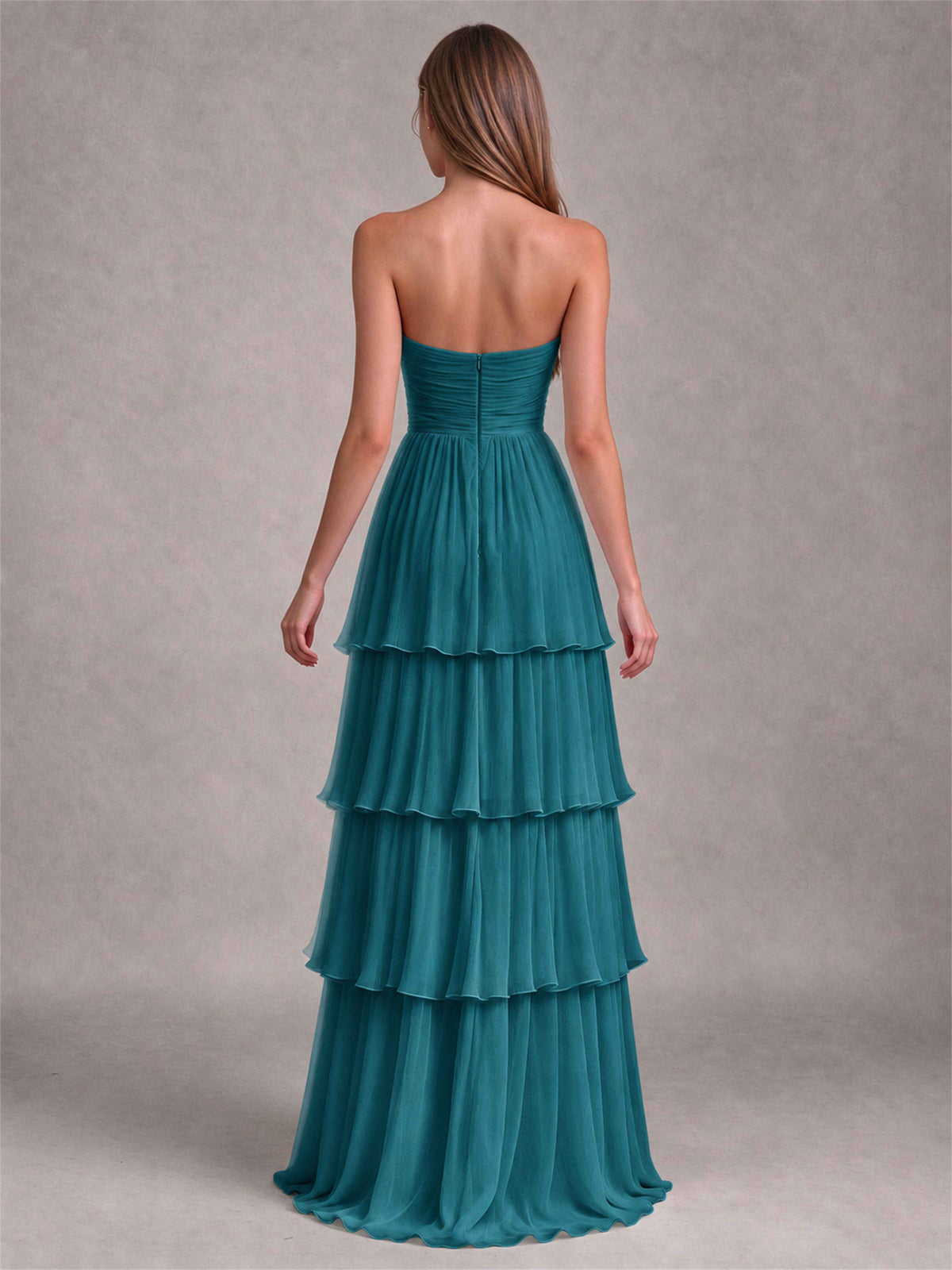 Strapless A-Line Chiffon Tiered Pleated Floor-Length Wedding Guest Dress