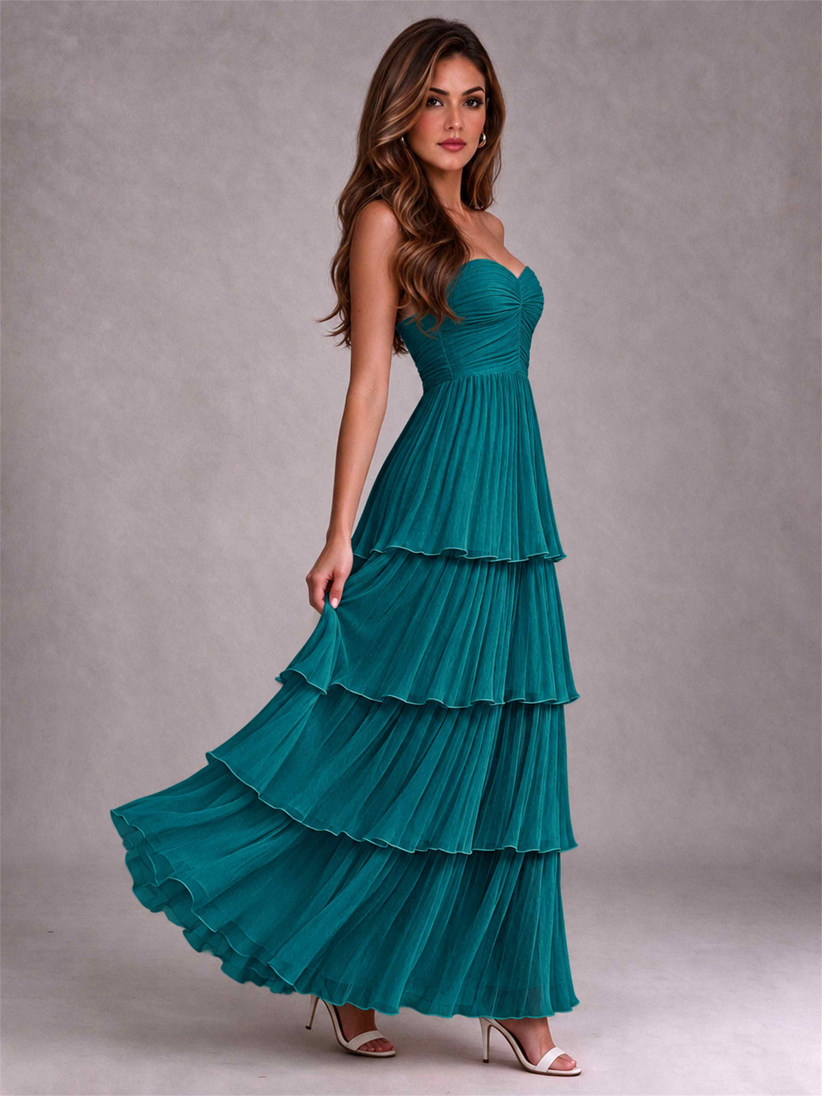 Strapless A-Line Chiffon Tiered Pleated Floor-Length Wedding Guest Dress