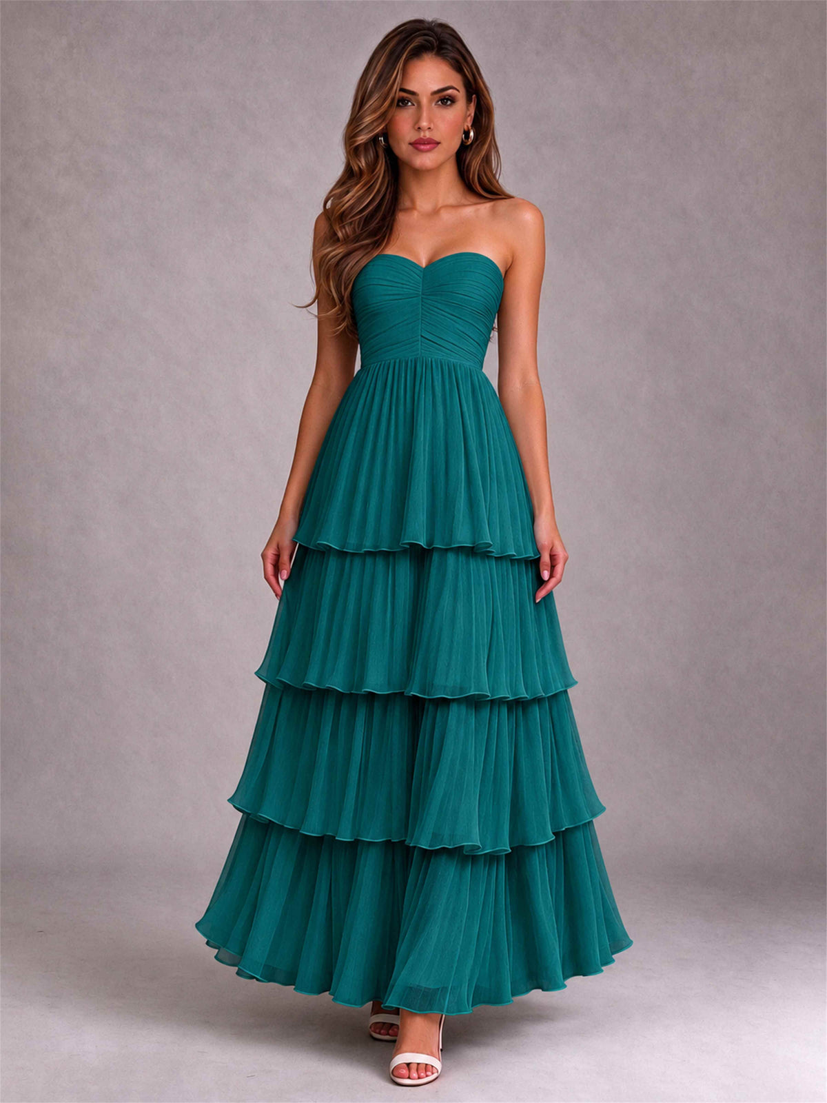 Strapless A-Line Chiffon Tiered Pleated Floor-Length Wedding Guest Dress