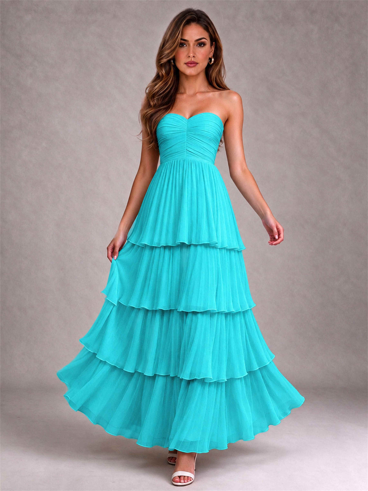 Strapless A-Line Chiffon Tiered Pleated Floor-Length Wedding Guest Dress