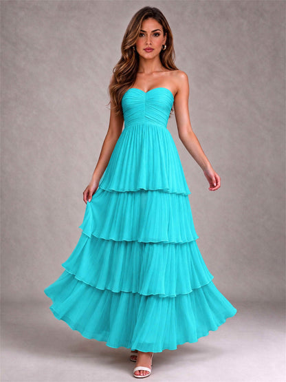 Strapless A-Line Chiffon Tiered Pleated Floor-Length Wedding Guest Dress
