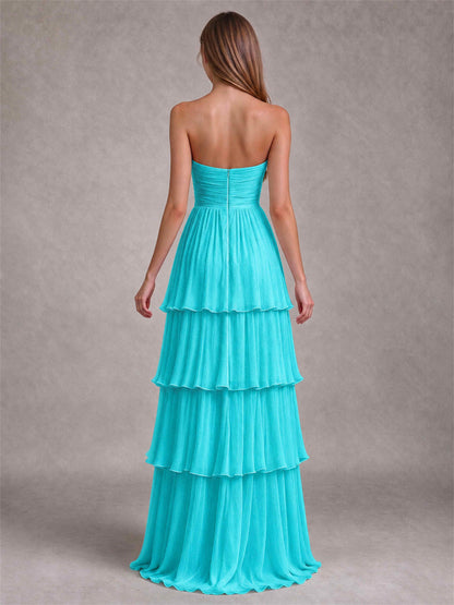 Strapless A-Line Chiffon Tiered Pleated Floor-Length Wedding Guest Dress