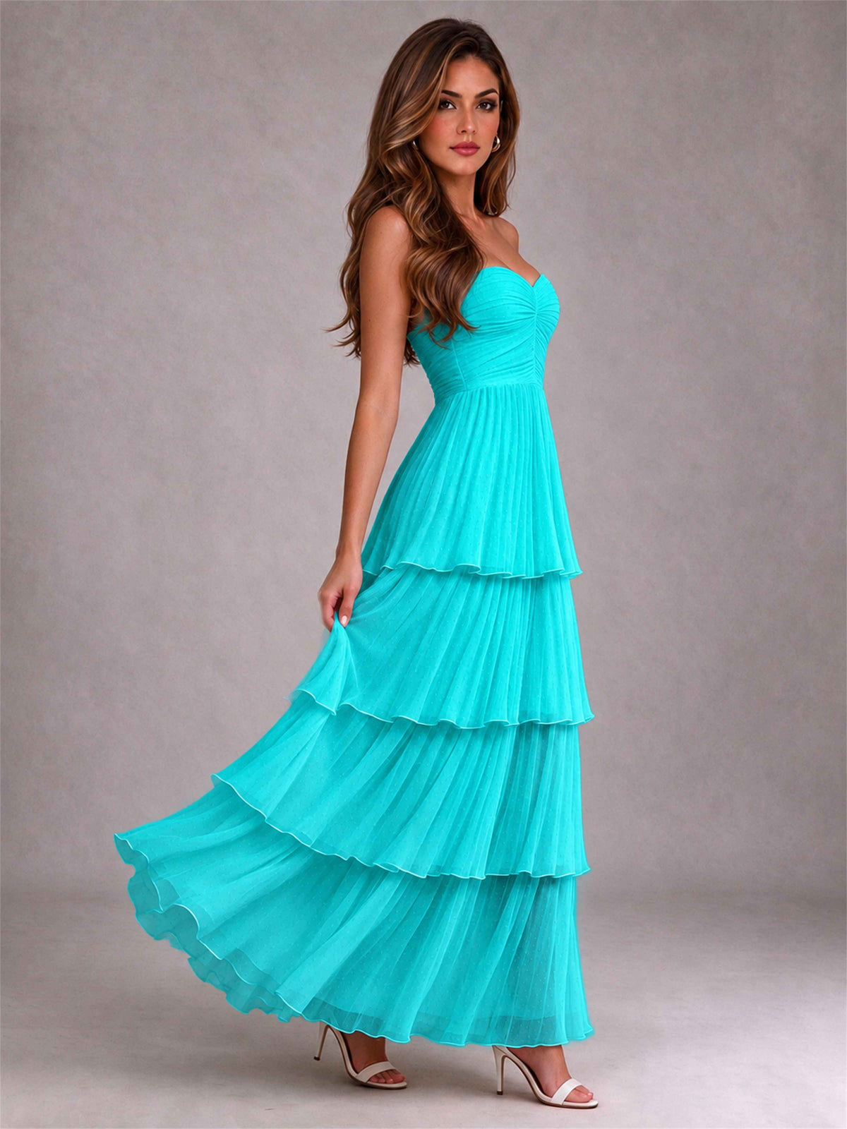 Strapless A-Line Chiffon Tiered Pleated Floor-Length Wedding Guest Dress