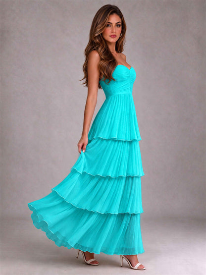 Strapless A-Line Chiffon Tiered Pleated Floor-Length Wedding Guest Dress
