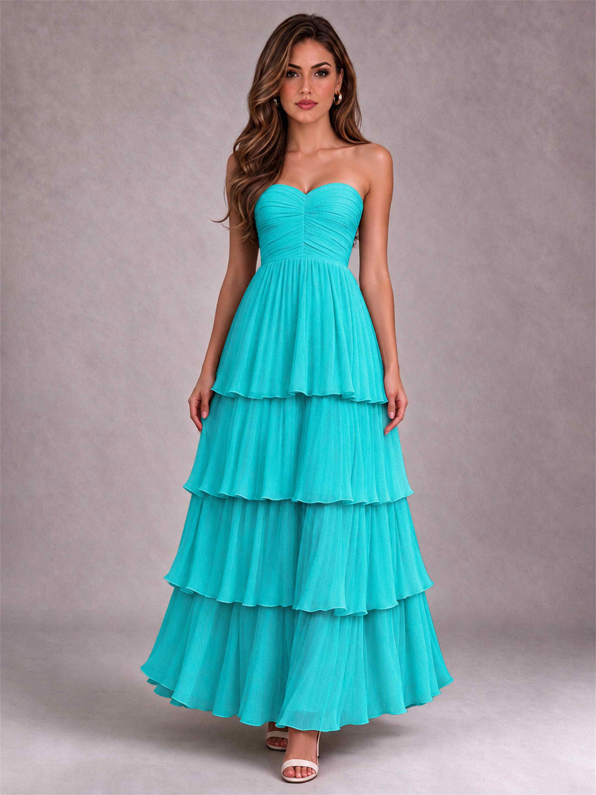 Strapless A-Line Chiffon Tiered Pleated Floor-Length Wedding Guest Dress