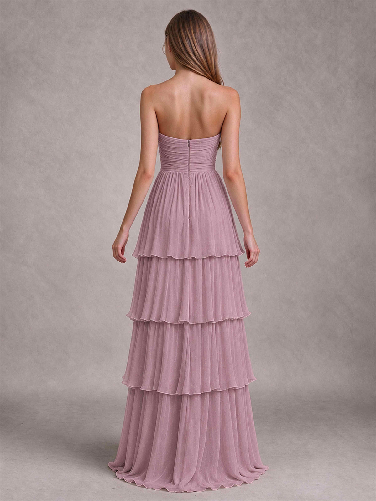 Strapless A-Line Chiffon Tiered Pleated Floor-Length Wedding Guest Dress