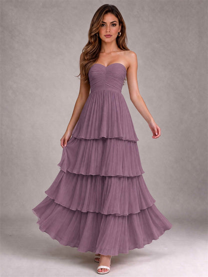 Strapless A-Line Chiffon Tiered Pleated Floor-Length Wedding Guest Dress