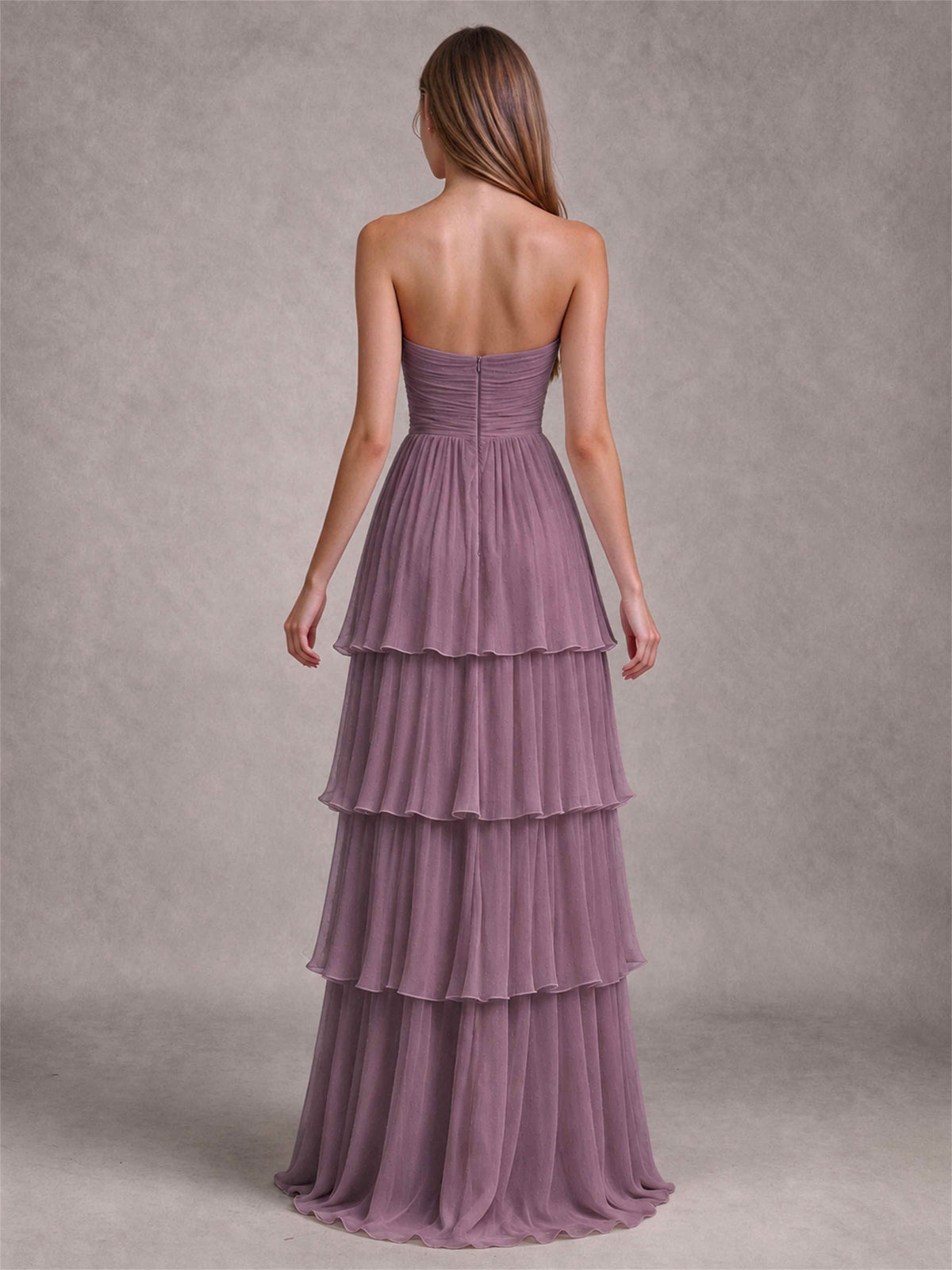Strapless A-Line Chiffon Tiered Pleated Floor-Length Wedding Guest Dress