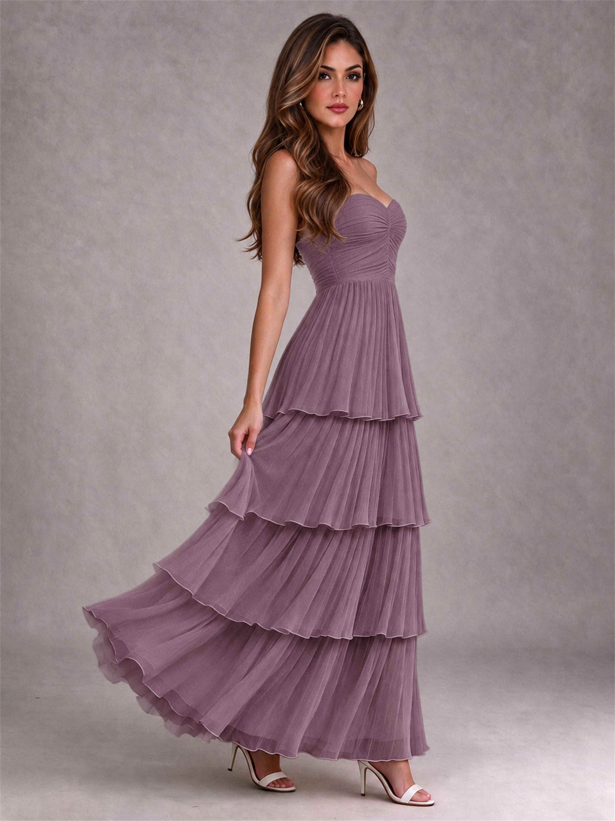 Strapless A-Line Chiffon Tiered Pleated Floor-Length Wedding Guest Dress