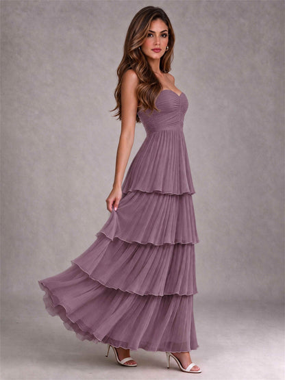 Strapless A-Line Chiffon Tiered Pleated Floor-Length Wedding Guest Dress