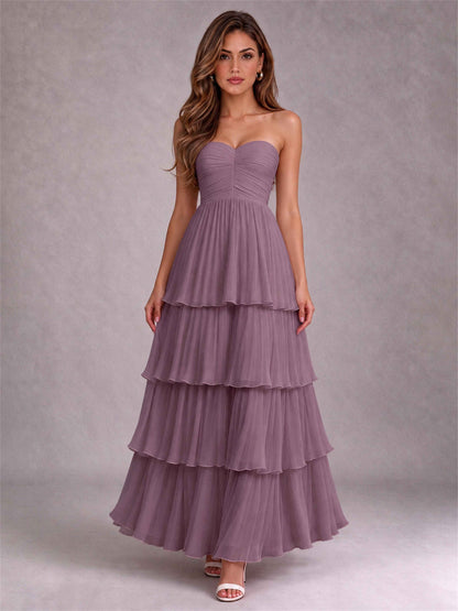 Strapless A-Line Chiffon Tiered Pleated Floor-Length Wedding Guest Dress