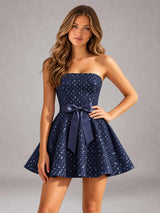 Free Shipping Strapless A-Line Mini Homecoming Dress with Beaded Lattice & Bow Waist
