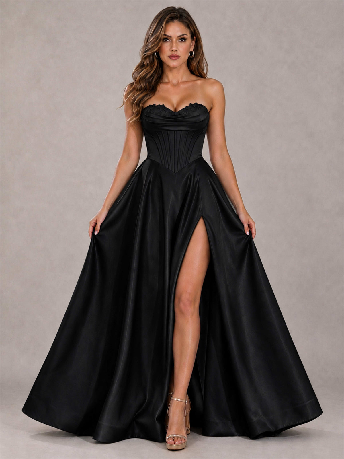 Strapless Corset Formal Dress Lace Applique High Slit Satin Prom Gown
