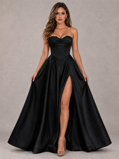 Strapless Corset Formal Dress Lace Applique High Slit Satin Prom Gown