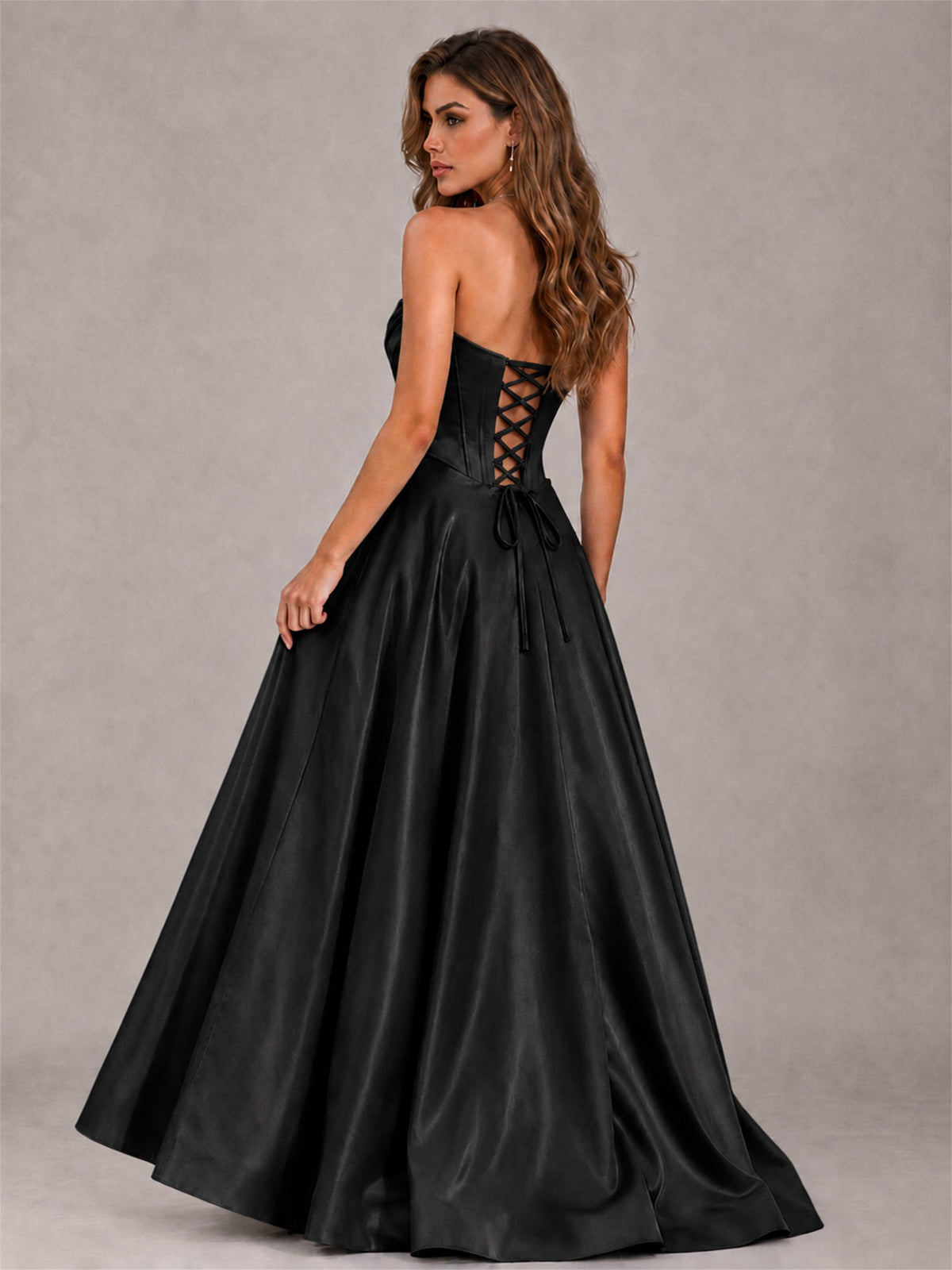 Strapless Corset Formal Dress Lace Applique High Slit Satin Prom Gown