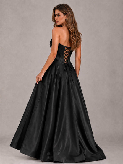 Strapless Corset Formal Dress Lace Applique High Slit Satin Prom Gown