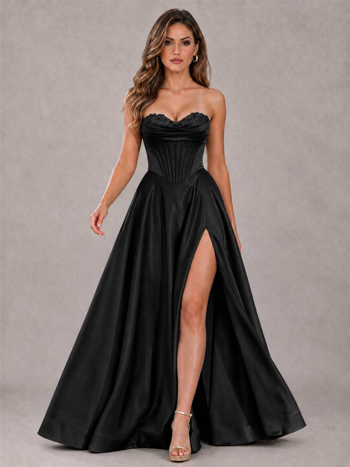 Strapless Corset Formal Dress Lace Applique High Slit Satin Prom Gown