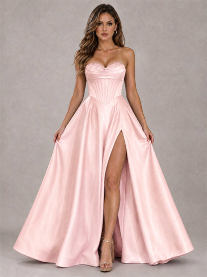 Strapless Corset Formal Dress Lace Applique High Slit Satin Prom Gown