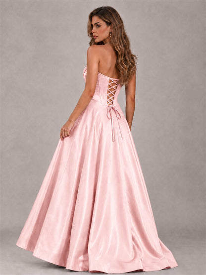 Strapless Corset Formal Dress Lace Applique High Slit Satin Prom Gown