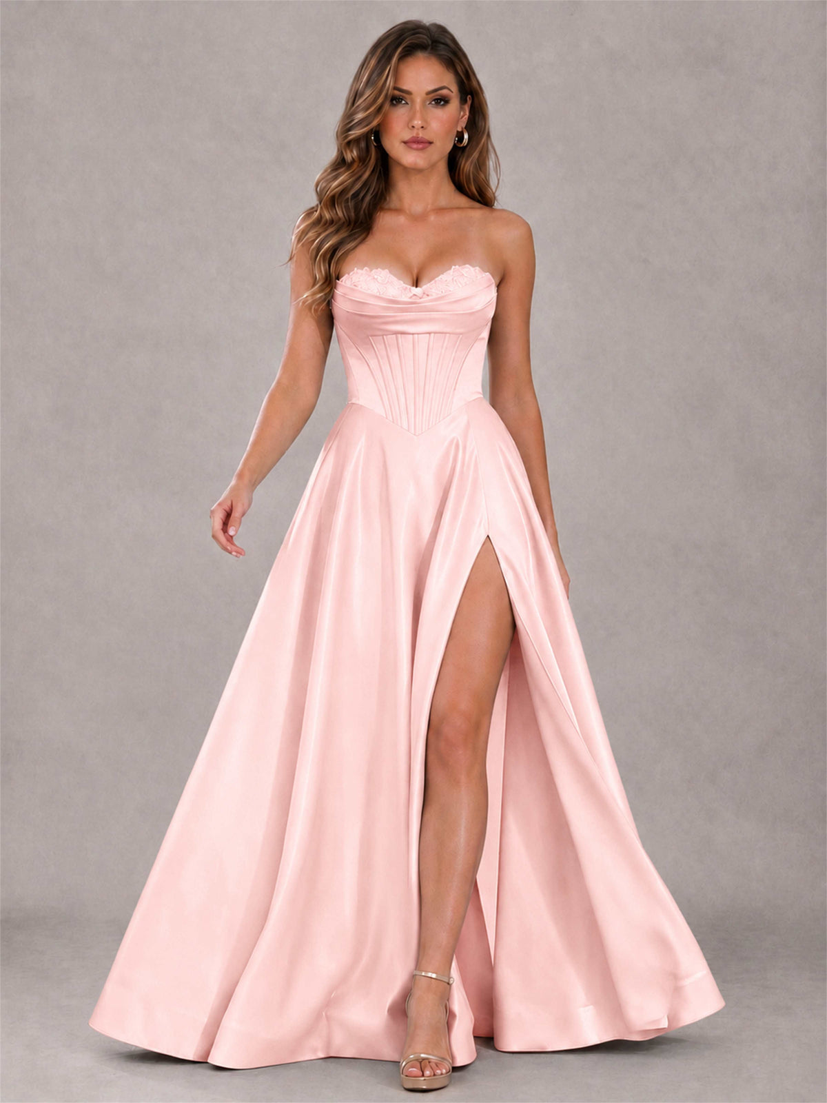 Strapless Corset Formal Dress Lace Applique High Slit Satin Prom Gown