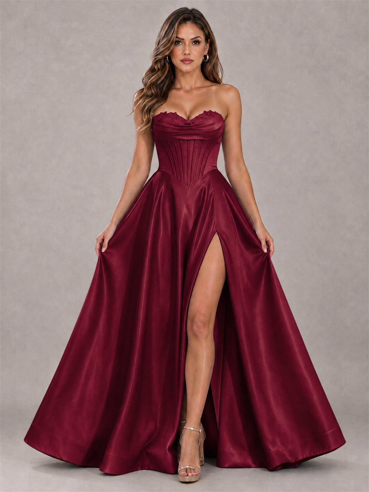 Strapless Corset Formal Dress Lace Applique High Slit Satin Prom Gown