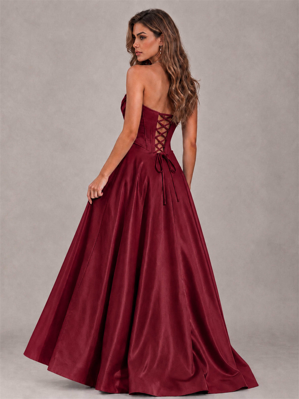 Strapless Corset Formal Dress Lace Applique High Slit Satin Prom Gown