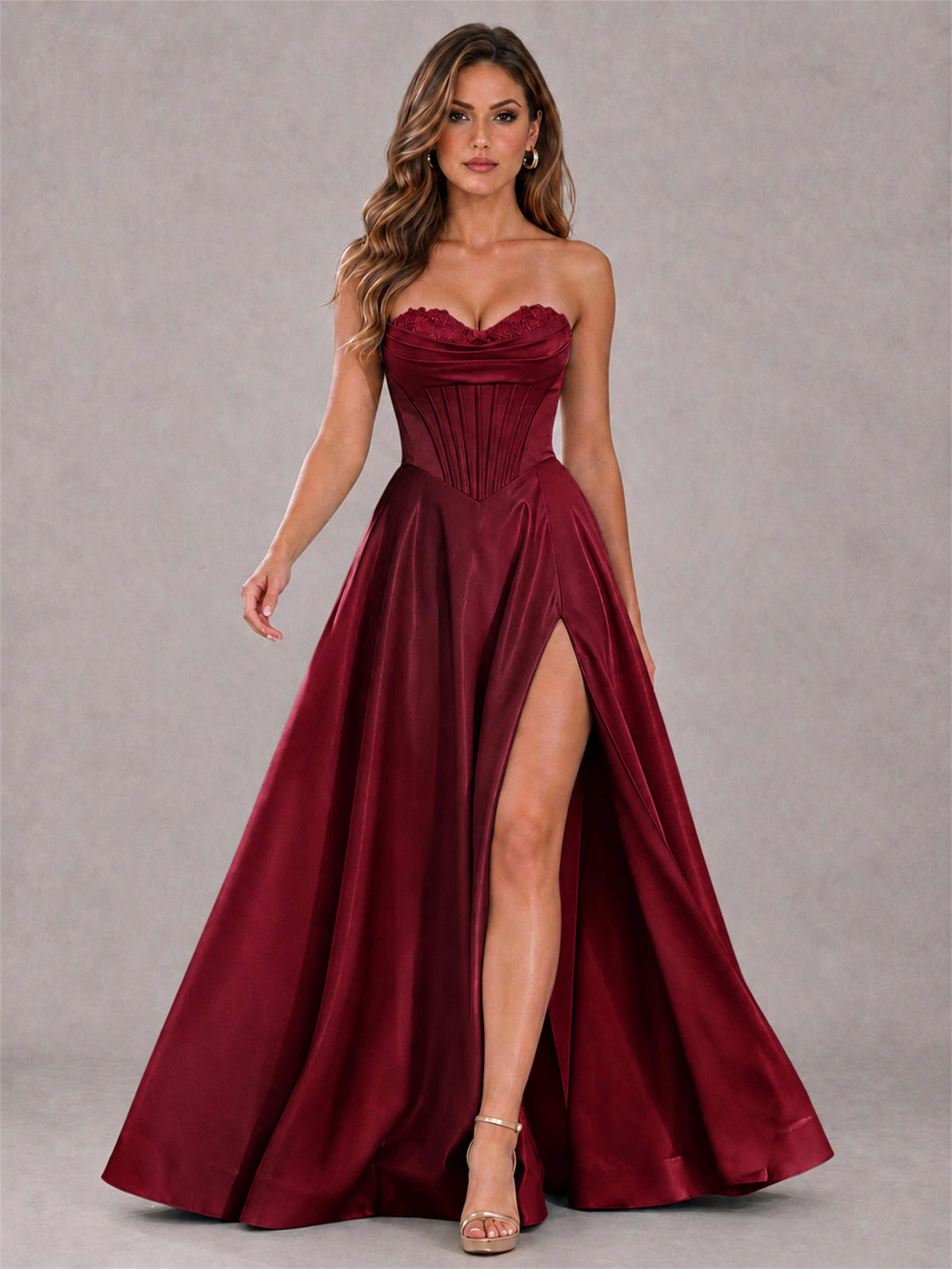 Strapless Corset Formal Dress Lace Applique High Slit Satin Prom Gown