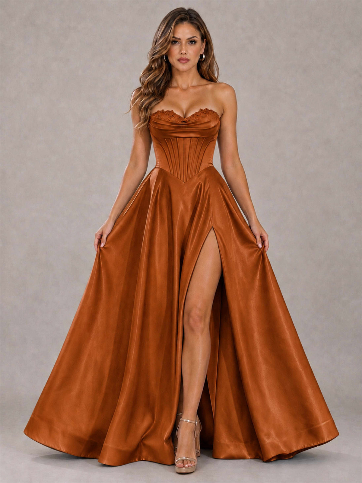 Strapless Corset Formal Dress Lace Applique High Slit Satin Prom Gown