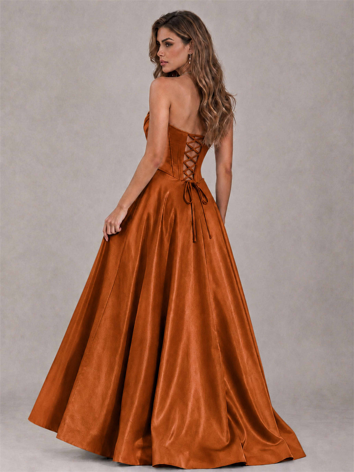 Strapless Corset Formal Dress Lace Applique High Slit Satin Prom Gown
