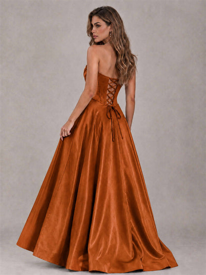 Strapless Corset Formal Dress Lace Applique High Slit Satin Prom Gown
