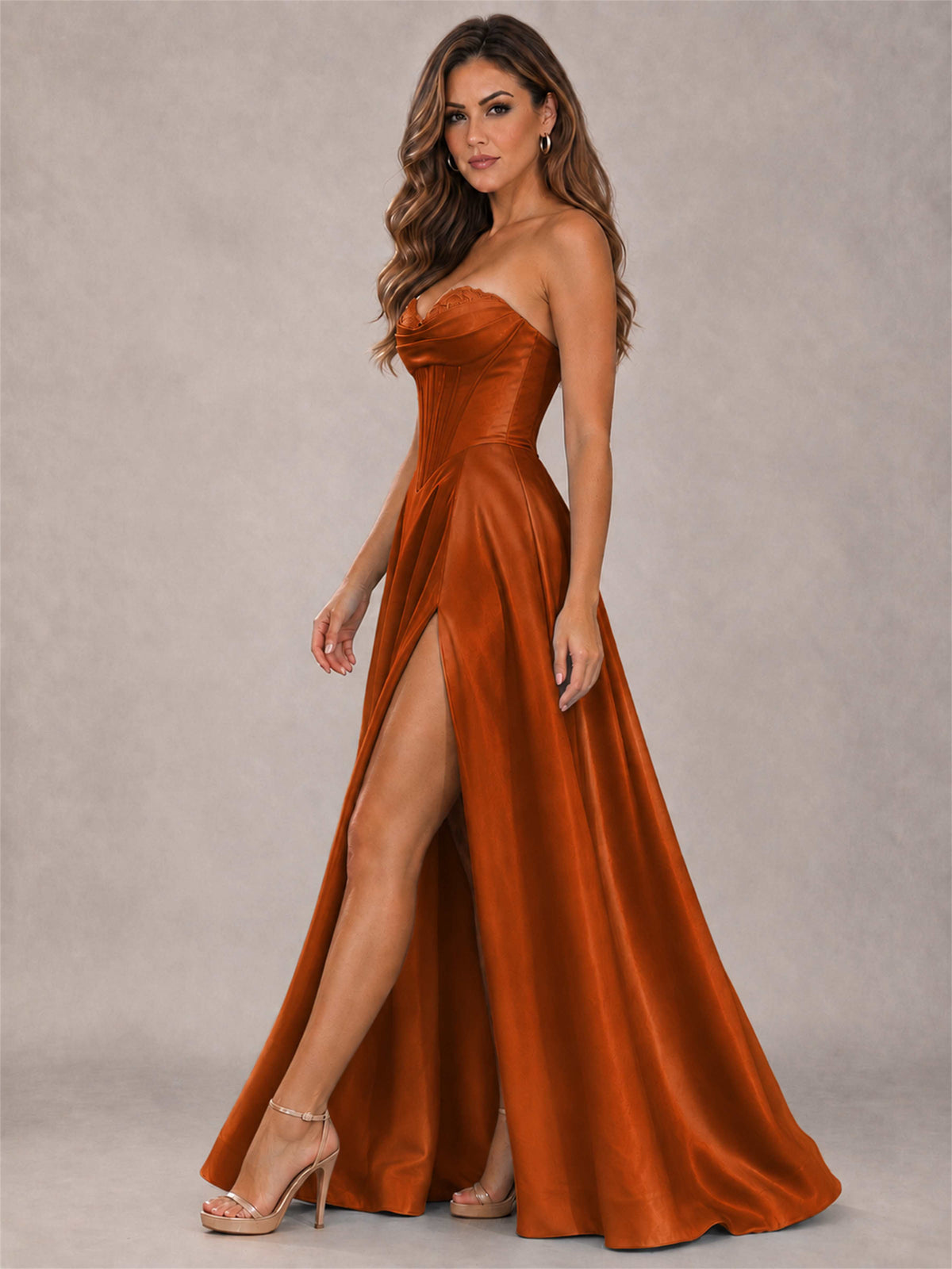 Strapless Corset Formal Dress Lace Applique High Slit Satin Prom Gown