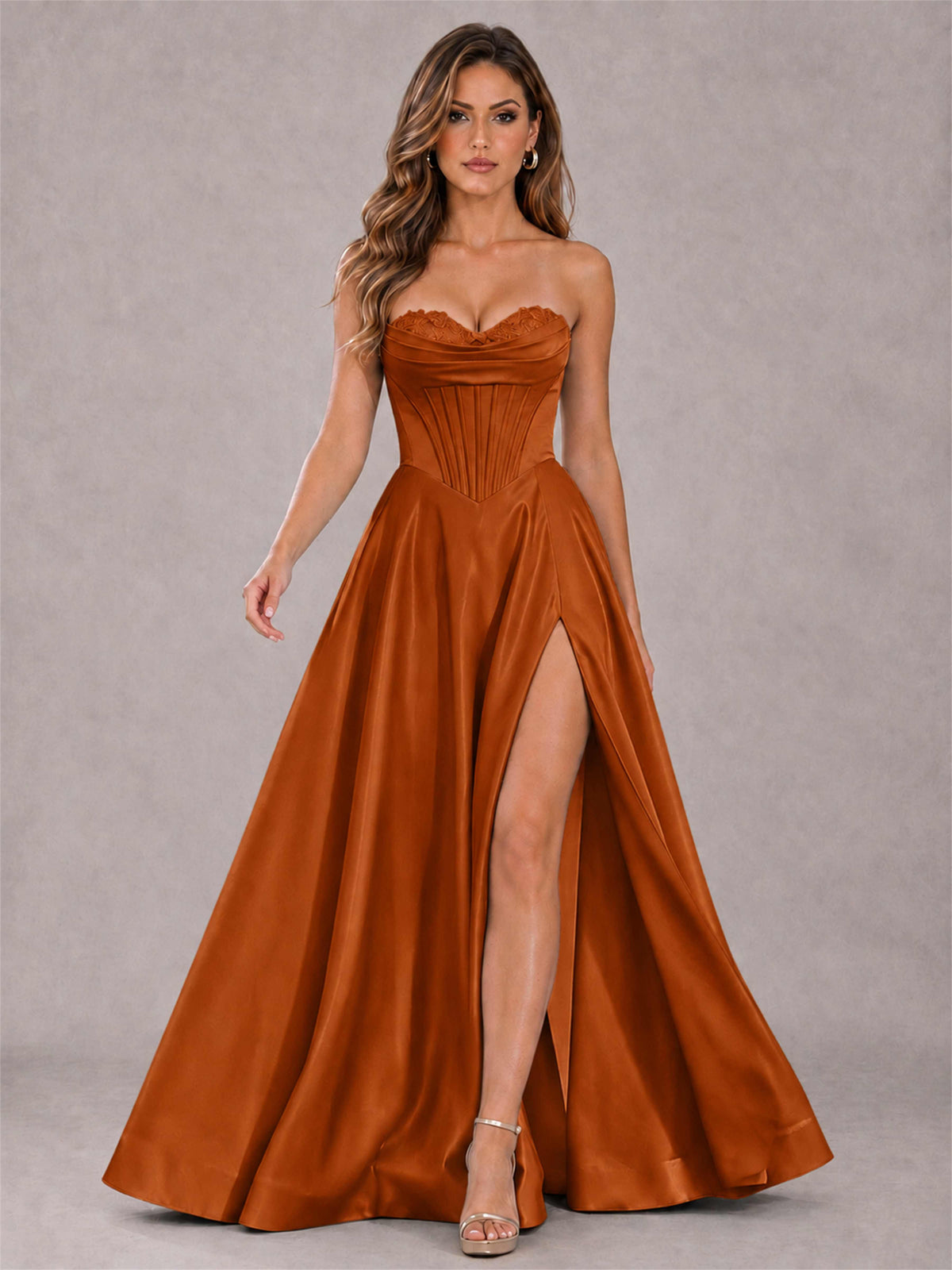 Strapless Corset Formal Dress Lace Applique High Slit Satin Prom Gown