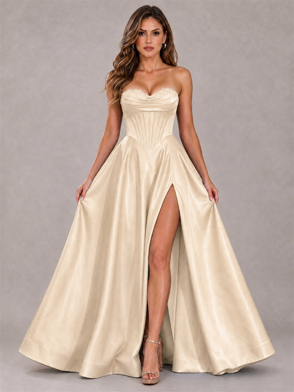 Strapless Corset Formal Dress Lace Applique High Slit Satin Prom Gown