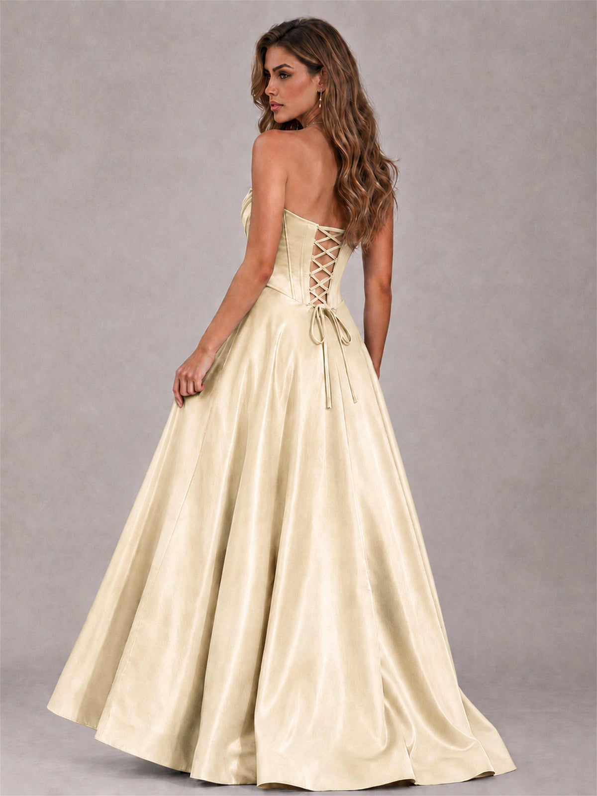 Strapless Corset Formal Dress Lace Applique High Slit Satin Prom Gown