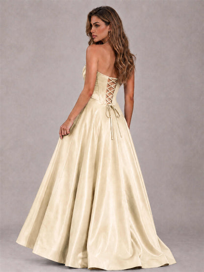 Strapless Corset Formal Dress Lace Applique High Slit Satin Prom Gown