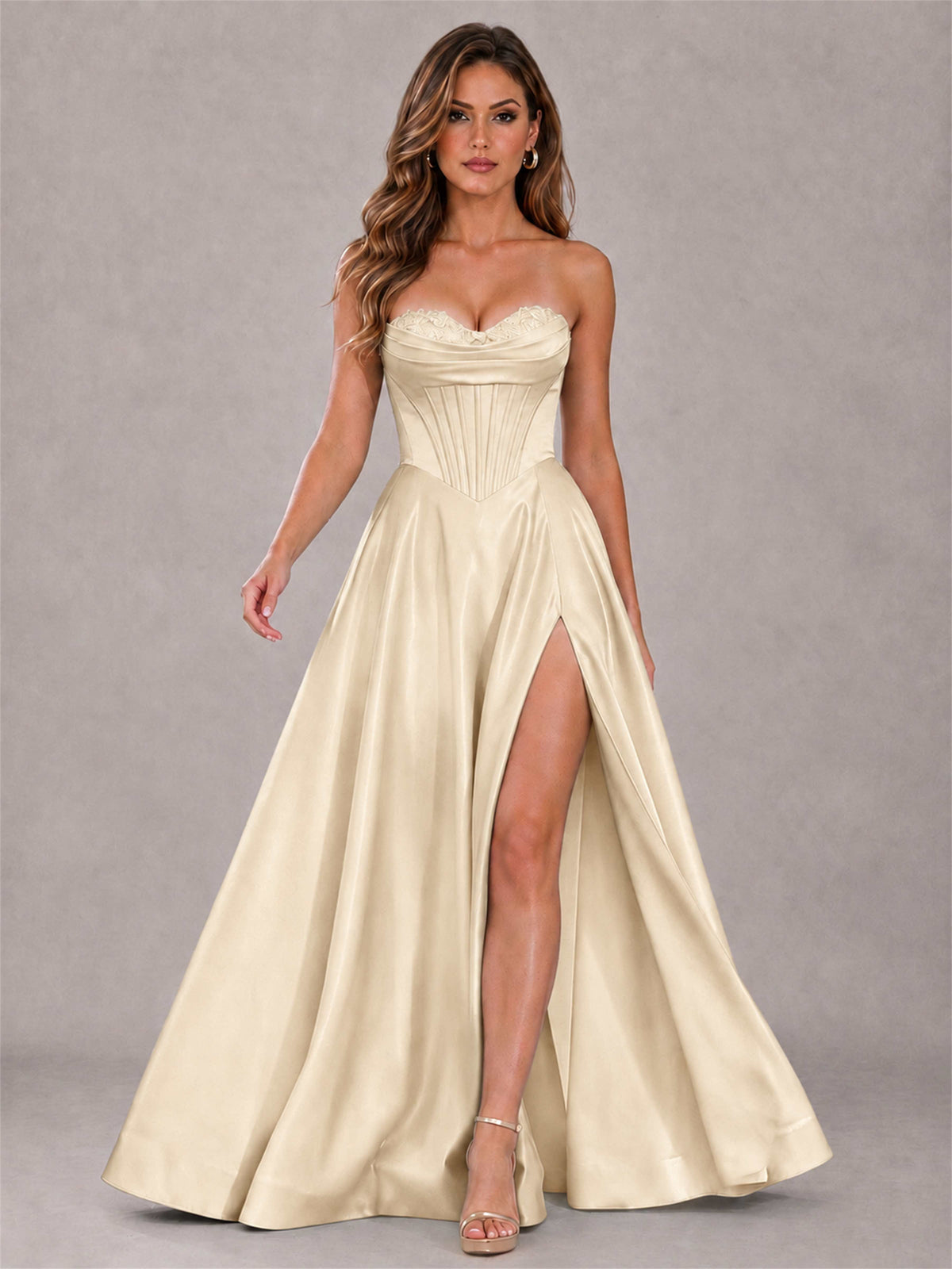 Strapless Corset Formal Dress Lace Applique High Slit Satin Prom Gown