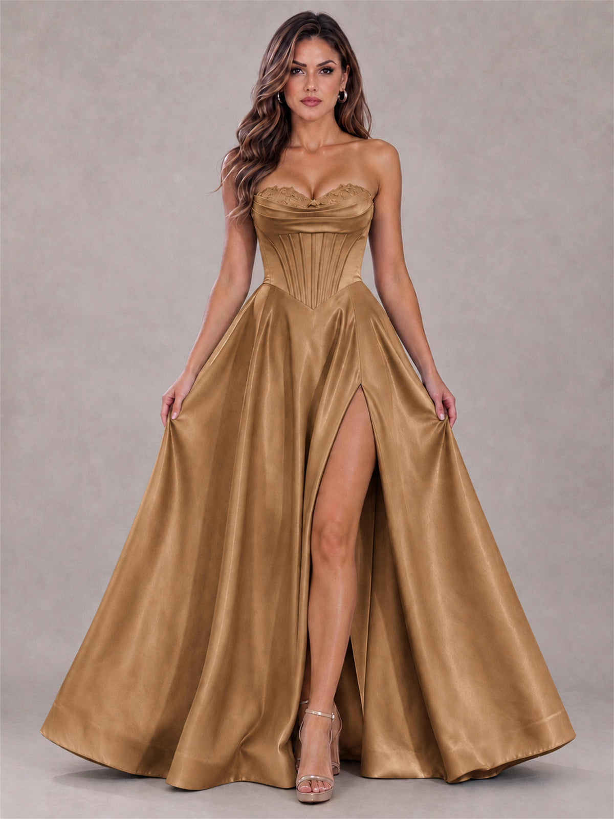 Strapless Corset Formal Dress Lace Applique High Slit Satin Prom Gown