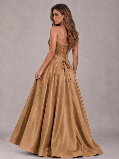 Strapless Corset Formal Dress Lace Applique High Slit Satin Prom Gown
