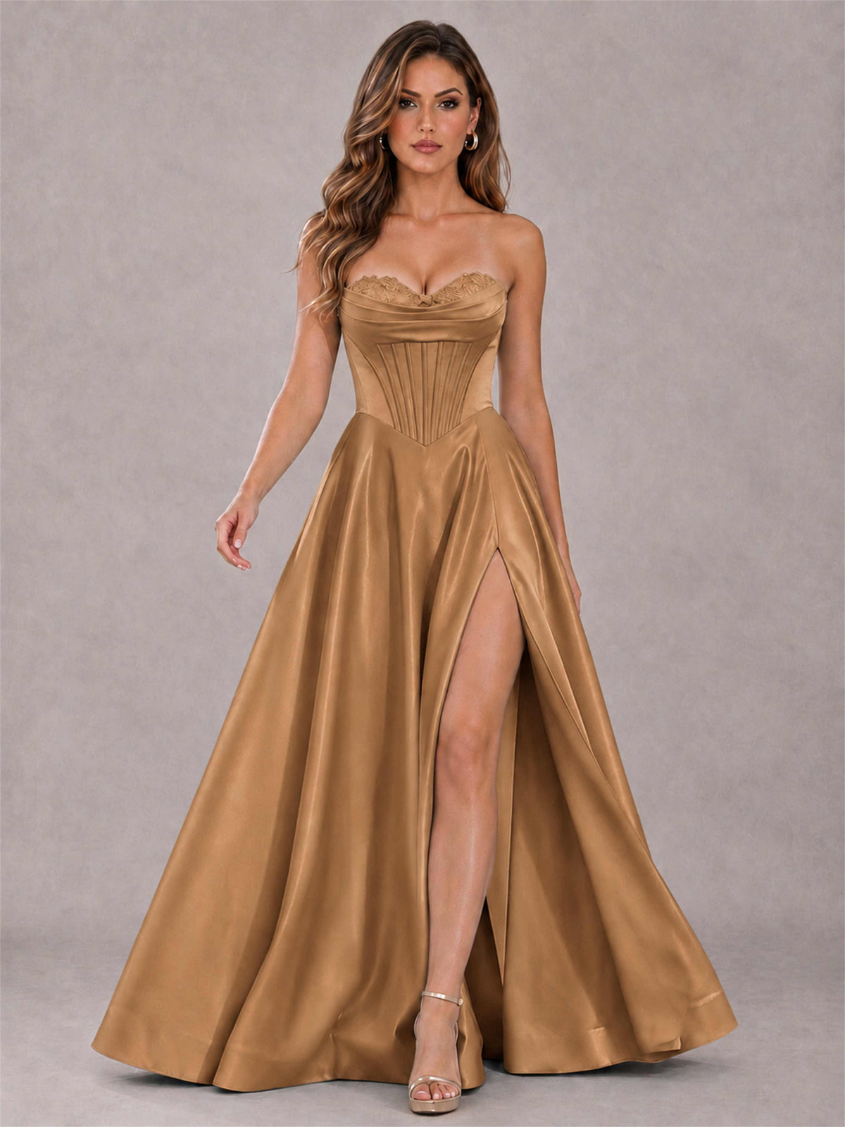 Strapless Corset Formal Dress Lace Applique High Slit Satin Prom Gown