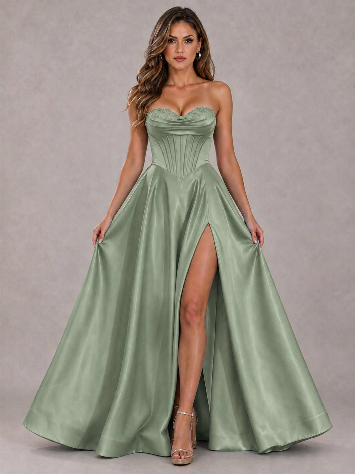 Strapless Corset Formal Dress Lace Applique High Slit Satin Prom Gown