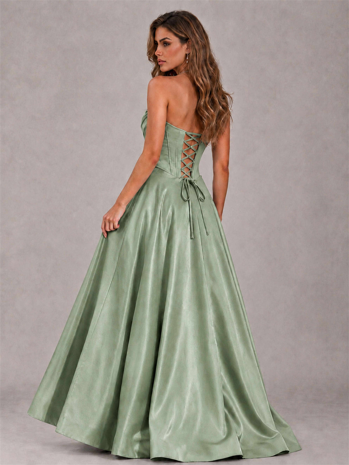 Strapless Corset Formal Dress Lace Applique High Slit Satin Prom Gown