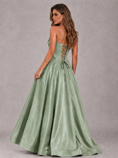 Strapless Corset Formal Dress Lace Applique High Slit Satin Prom Gown