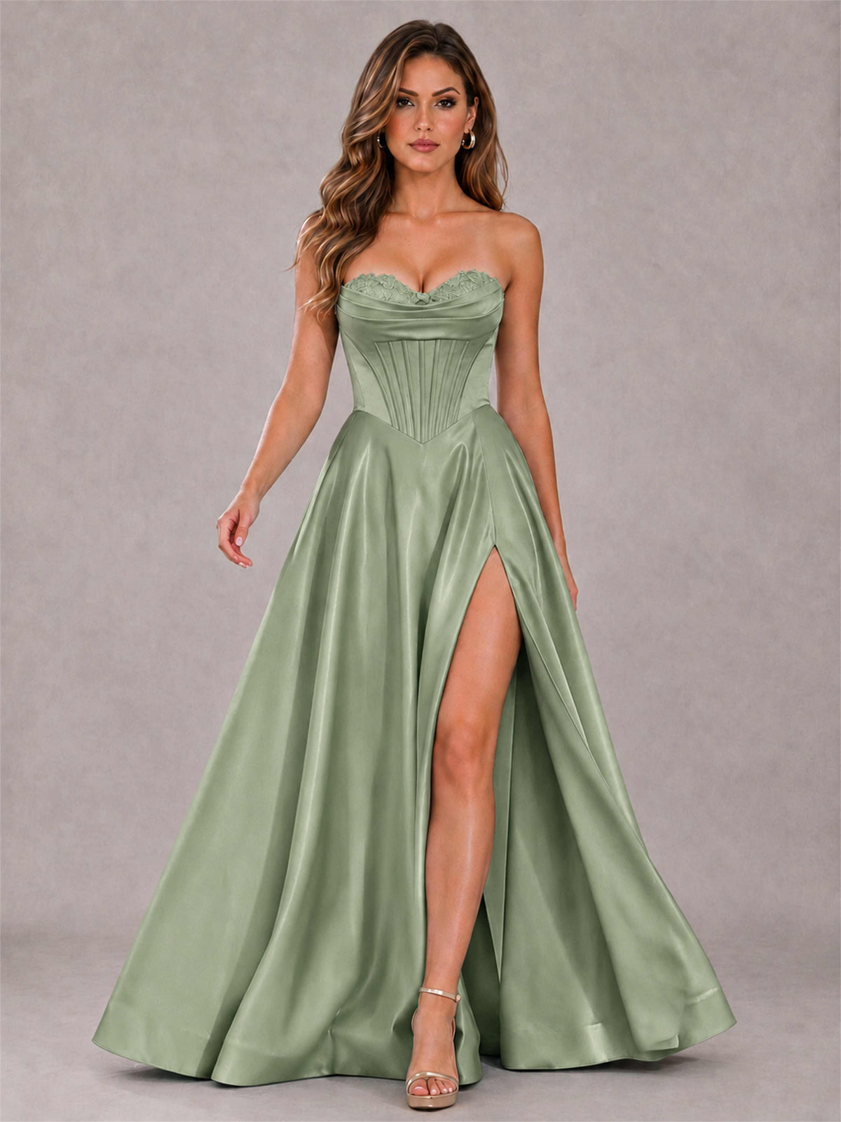 Strapless Corset Formal Dress Lace Applique High Slit Satin Prom Gown