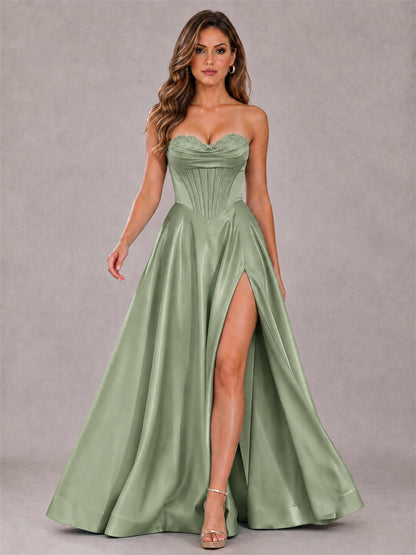 Strapless Corset Formal Dress Lace Applique High Slit Satin Prom Gown