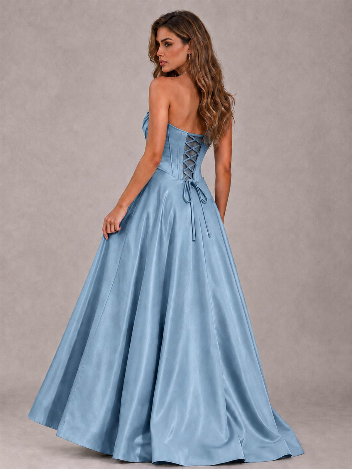 Strapless Corset Formal Dress Lace Applique High Slit Satin Prom Gown