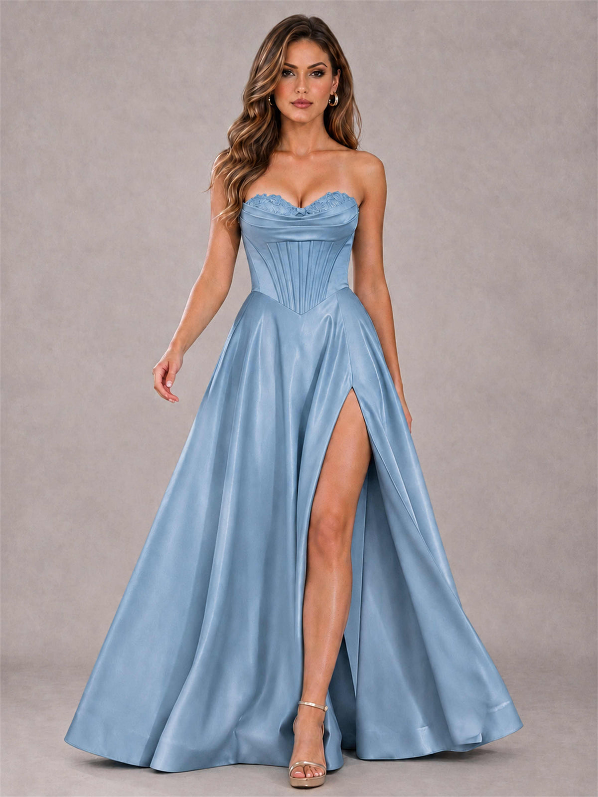Strapless Corset Formal Dress Lace Applique High Slit Satin Prom Gown
