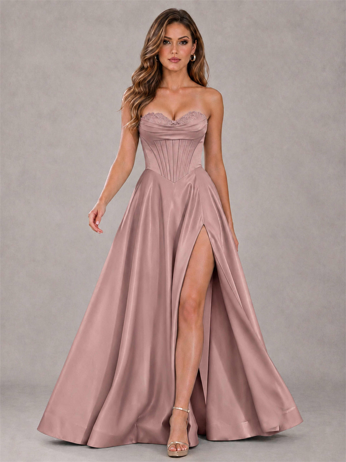 Strapless Corset Formal Dress Lace Applique High Slit Satin Prom Gown